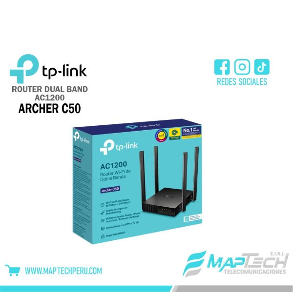 Tipling Router C50 ROUTER TP-LINK ARCHER C50 BANDA DUAL AC1200 - Maptech Perú