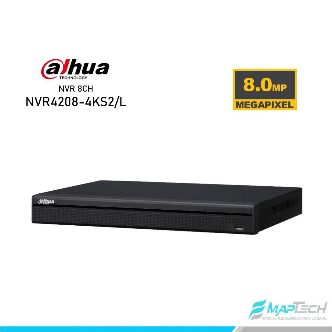 NVR 8CH NVR4208-4KS2/L | Hasta 8MP | TASA Bits 128Mbps | Salida HDMI/VGA| 2 HDD | P2P | ONVIF DAHUA