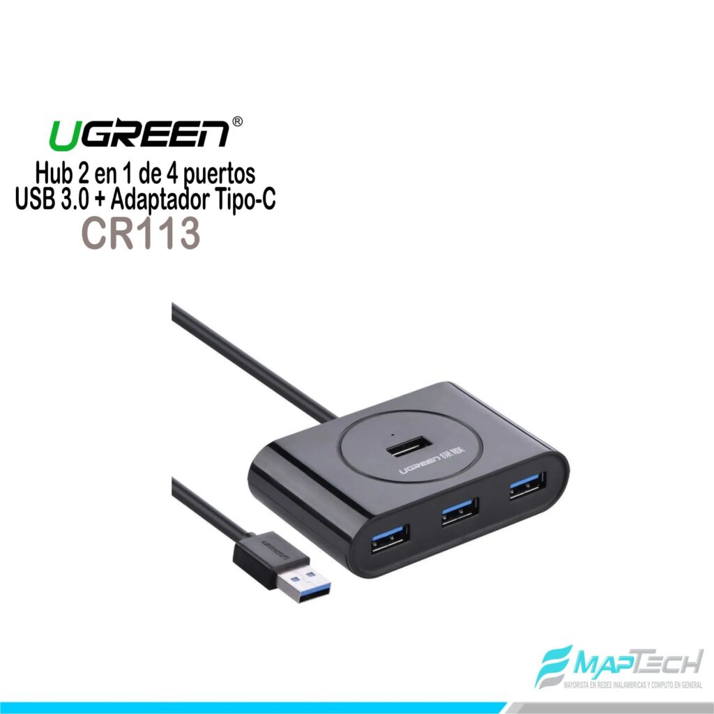 UGREEN Hub 2 en 1 de 4 puertos USB 3.0 + Adaptador Tipo-C.