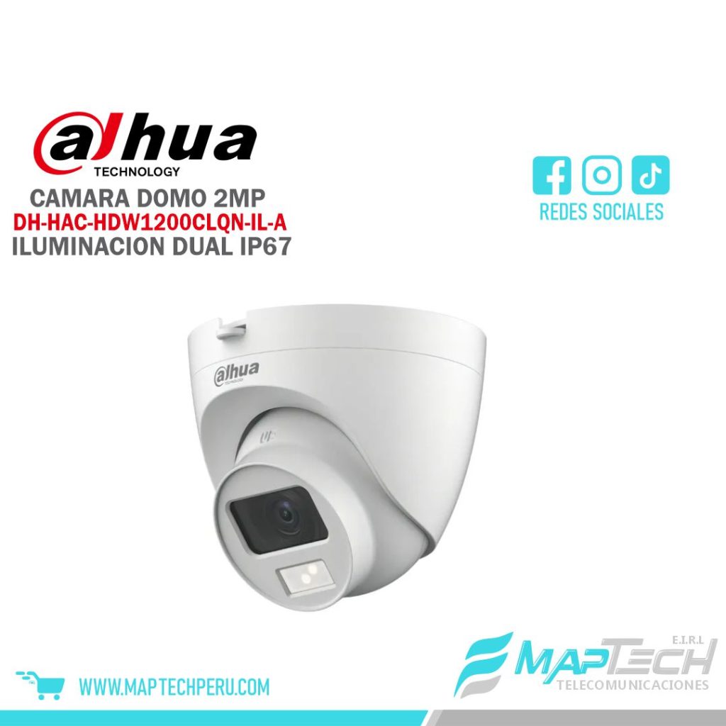 CAMARA ANALOGA DOMO 2MP, ILUMINACION DUAL INTELIGENTE, MICROFONO INCORPORADO, PROTECCION IP67 DAHUA
