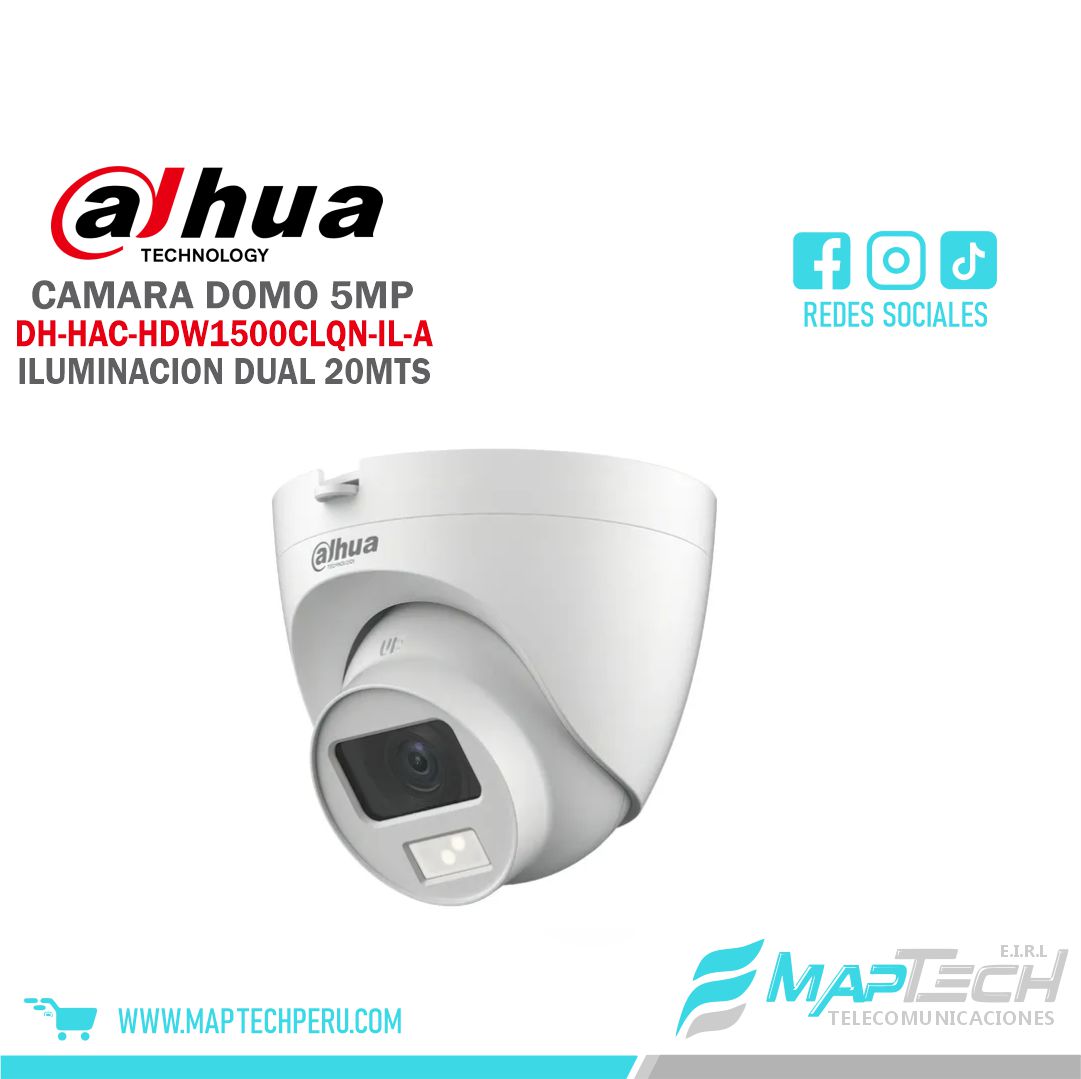 CAMARA ANALOGA DOMO 5MP, ILUMINACION DUAL INTELIGENTE, MICROFONO INCORPORADO, DISTANCIA 20 MTS, PROTECCION IP67 DAHUA