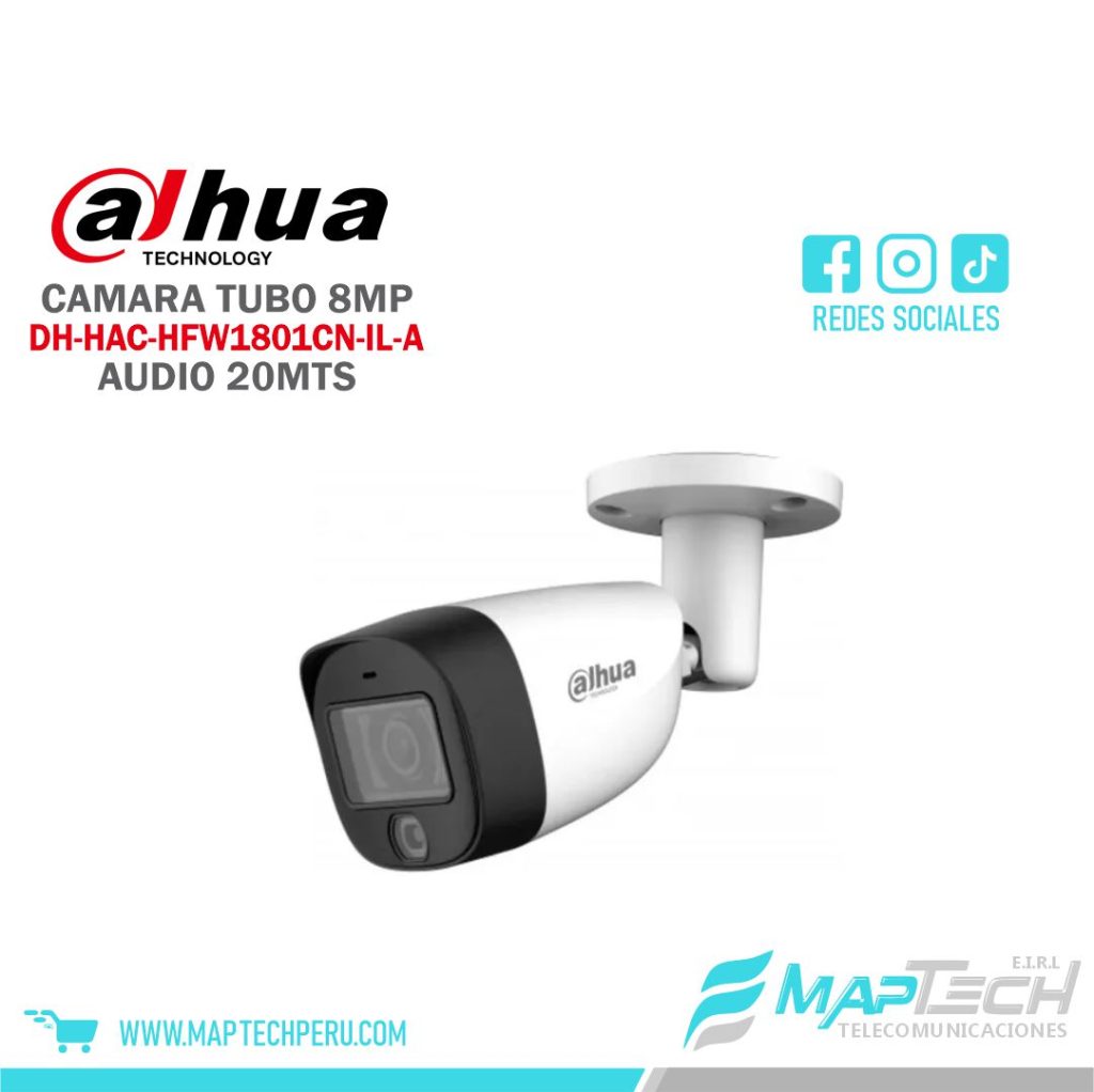 CAMARA ANALOGA TUBO 8MP, SMART DUAL LIGHT, DISTANCIA 20 MTS, MICROFONO INCORPORADO, PROTECCION IP67 DAHUA
