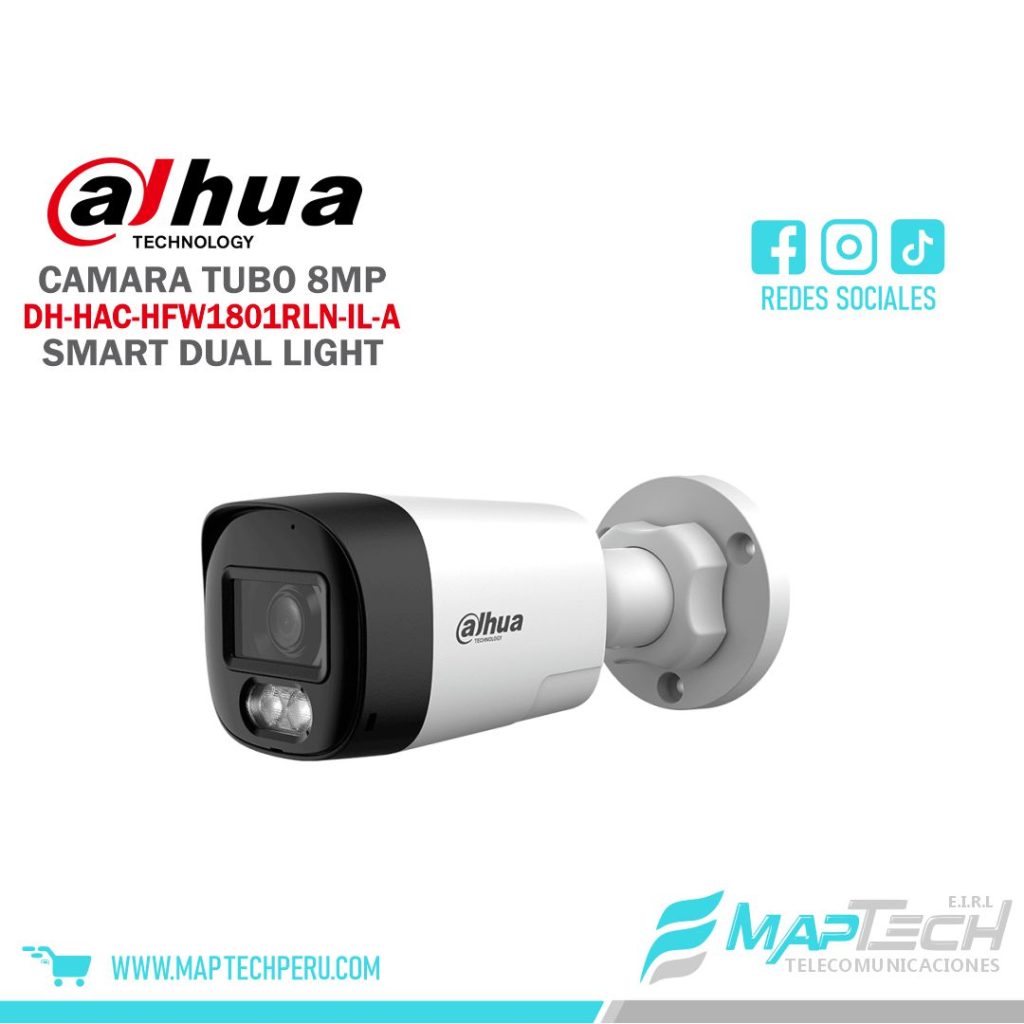 CAMARA ANALOGA TUBO 8MP, SMART DUAL LIGHT, MICROFONO INCORPORADO, DISTANCIA 30 MTS, IP67 DAHUA