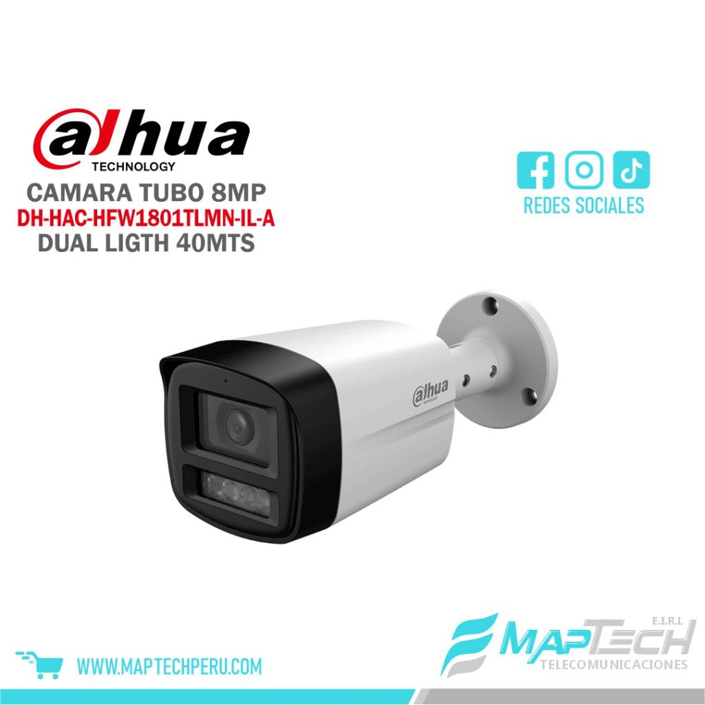 CAMARA ANALOGA TUBO 4K 8MP, SMART DUAL LIGHT, DISTANCIA 40 MTS, MICROFONO INCORPORADO, PROTECCION IP67 DAHUA