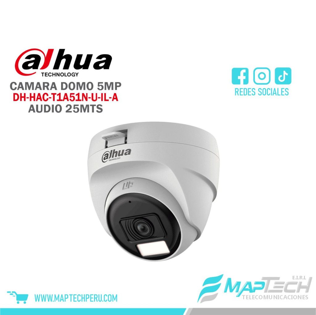 CAMARA ANALOGA DOMO EYEBALL 5MP, SMART DUAL LIGHT, MICROFONO INCORPORADO, DISTANCIA 25 MTS PARA INTERIOR DAHUA