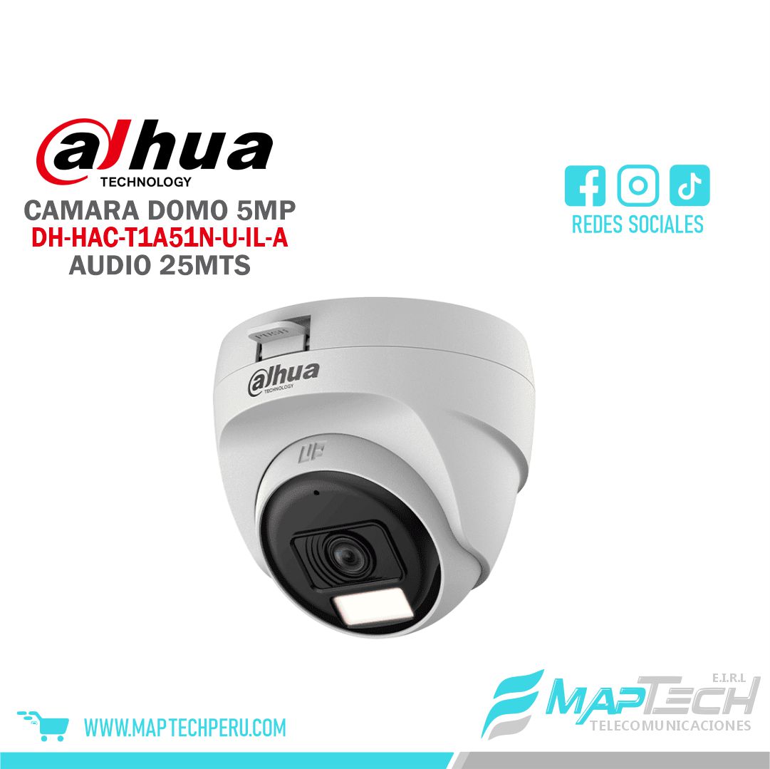 CAMARA ANALOGA DOMO EYEBALL 5MP, SMART DUAL LIGHT, MICROFONO INCORPORADO, DISTANCIA 25 MTS PARA INTERIOR DAHUA