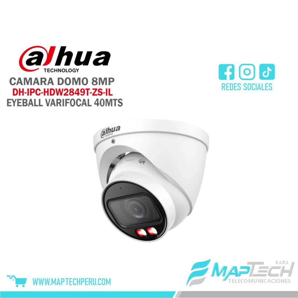CAMARA IP DOMO 8MP EYEBALL, LENTE VARIFOCAL MOTORIZADA, SMART DUAL LIGHT, DISTANCIA 40 MTS, PROTECCION IP67,POE DAHUA
