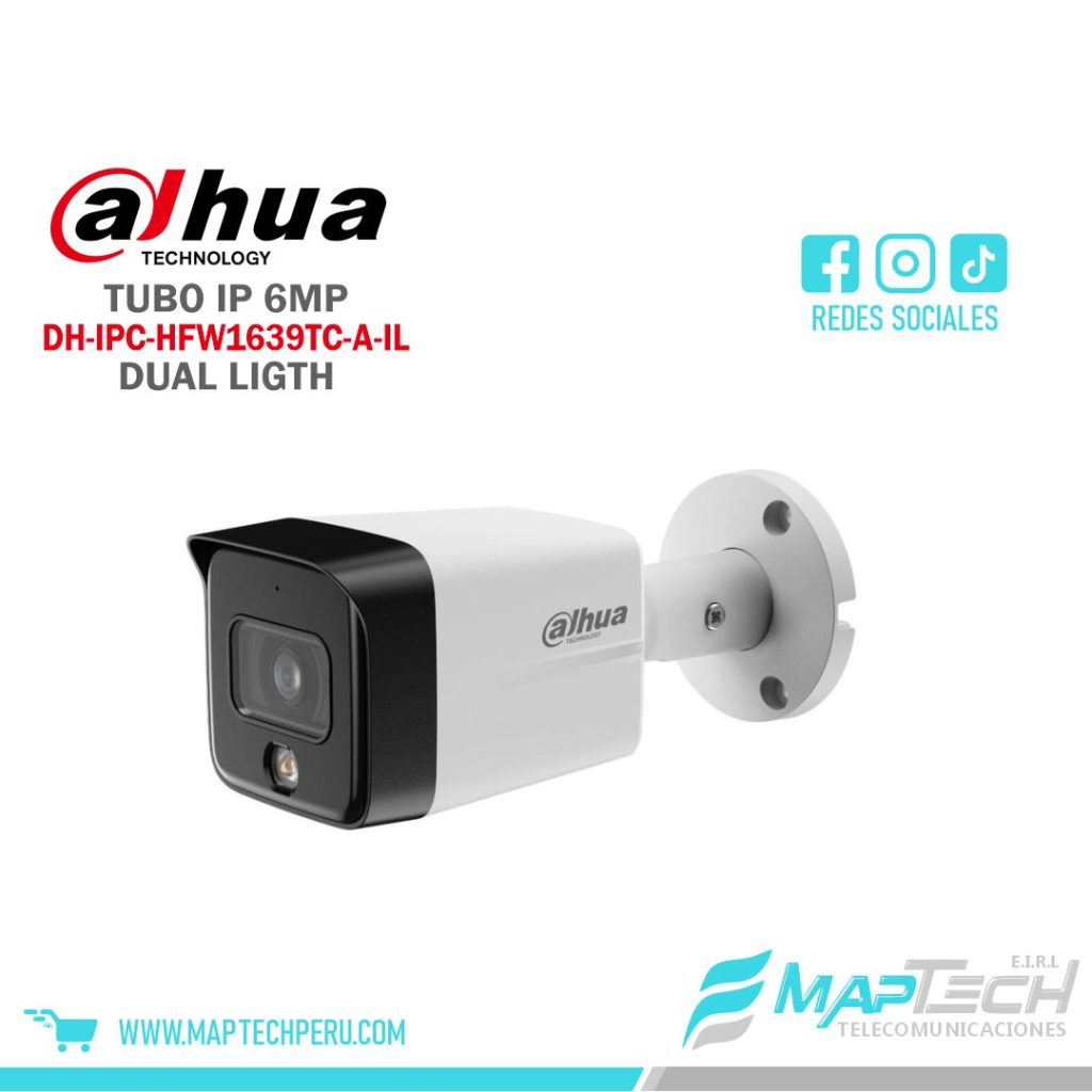 CAMARA IP TUBO 6MP, SMART DUAL LIGHT CON DETECCION HUMANA, MICROFONO INCORPORADO, PROTECCION IP67, PoE, DAHUA