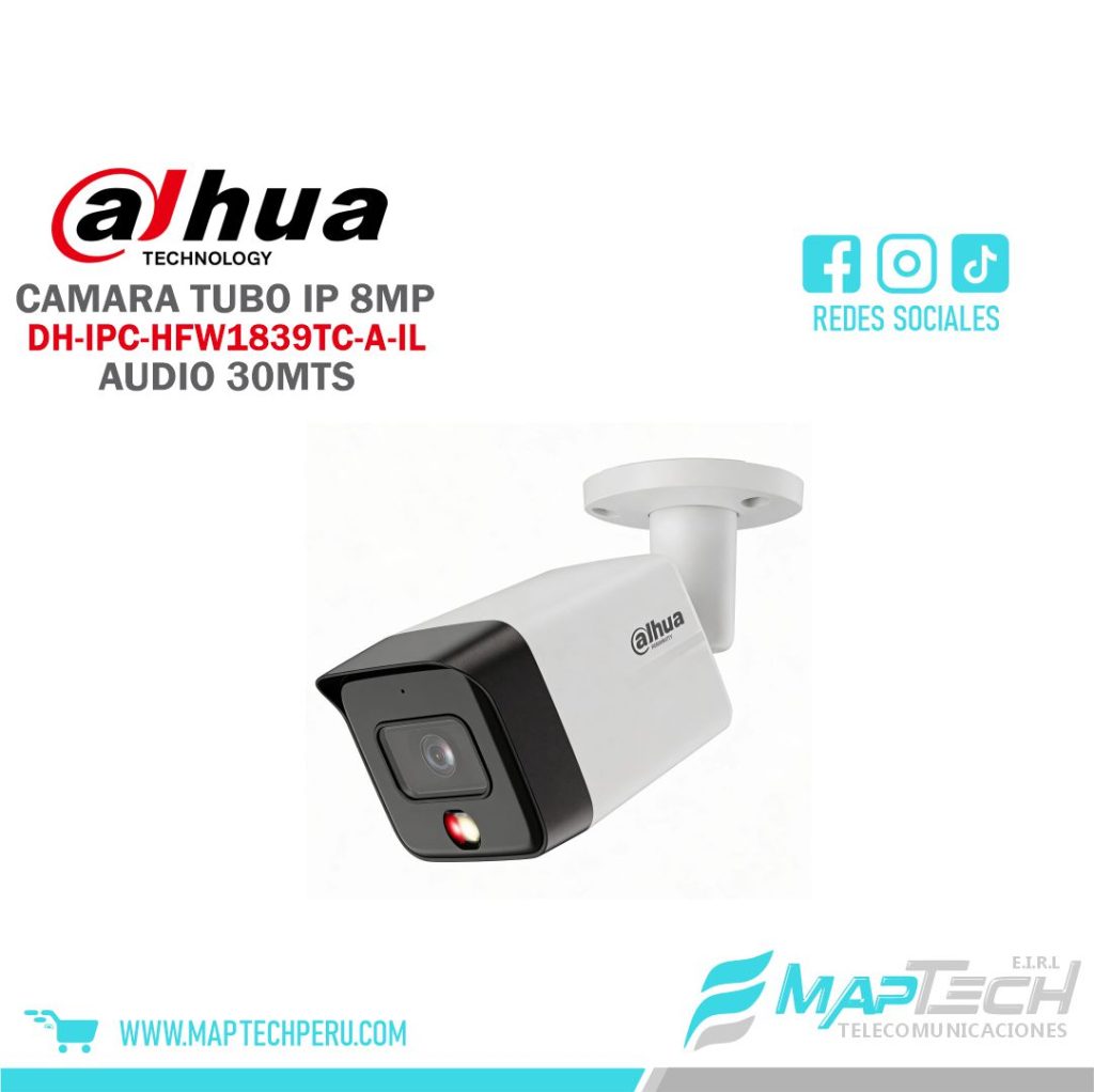 CAMARA IP TUBO 8MP, DUAL LIGHT, DISTANCIA 30 MTS, MICROFONO INCORPORADO, DETECCION HUMANA, PROTECCION IP67, POE DAHUA