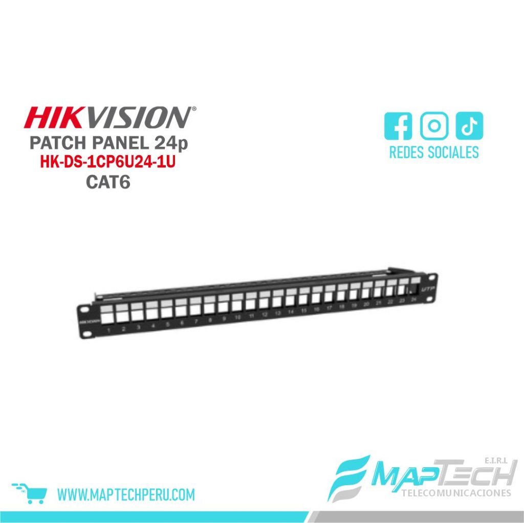 PATCH PANEL CAT6 SIN PROTECCIÓN DE 24 PUERTOS, 1U HIKVISION
