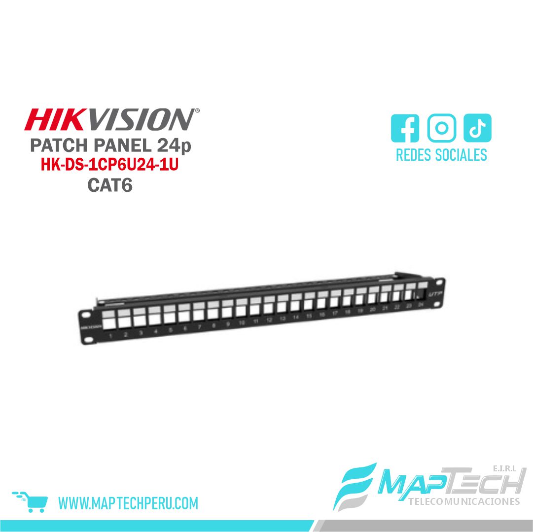 PATCH PANEL CAT6 SIN PROTECCIÓN DE 24 PUERTOS, 1U HIKVISION