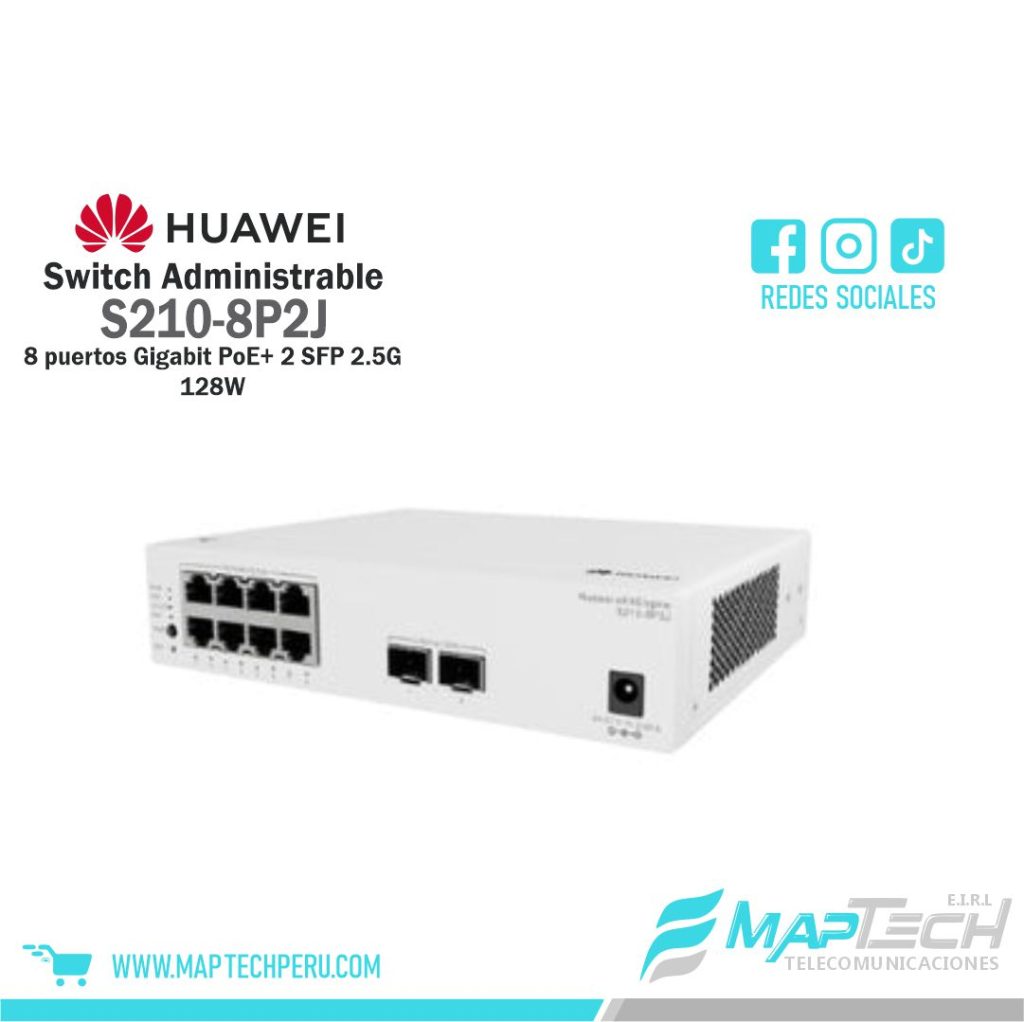 Switch Administrable 8 puertos Gigabit PoE+ 2 SFP 2.5G 128W S210-8P2J HUAWEI