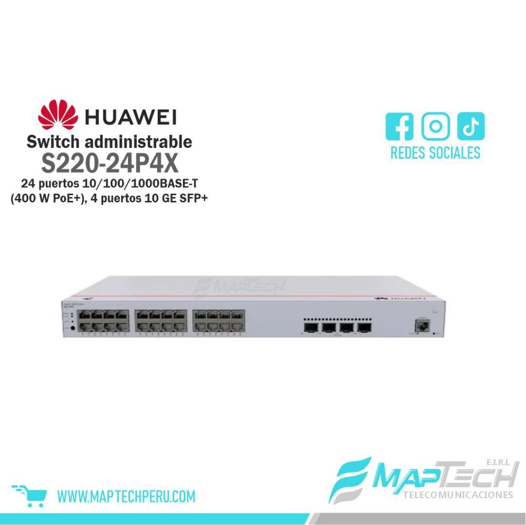 Switch administrable Layer 2, 24 Puertos PoE+, 4 SFP+ S220-24P4X Huawei